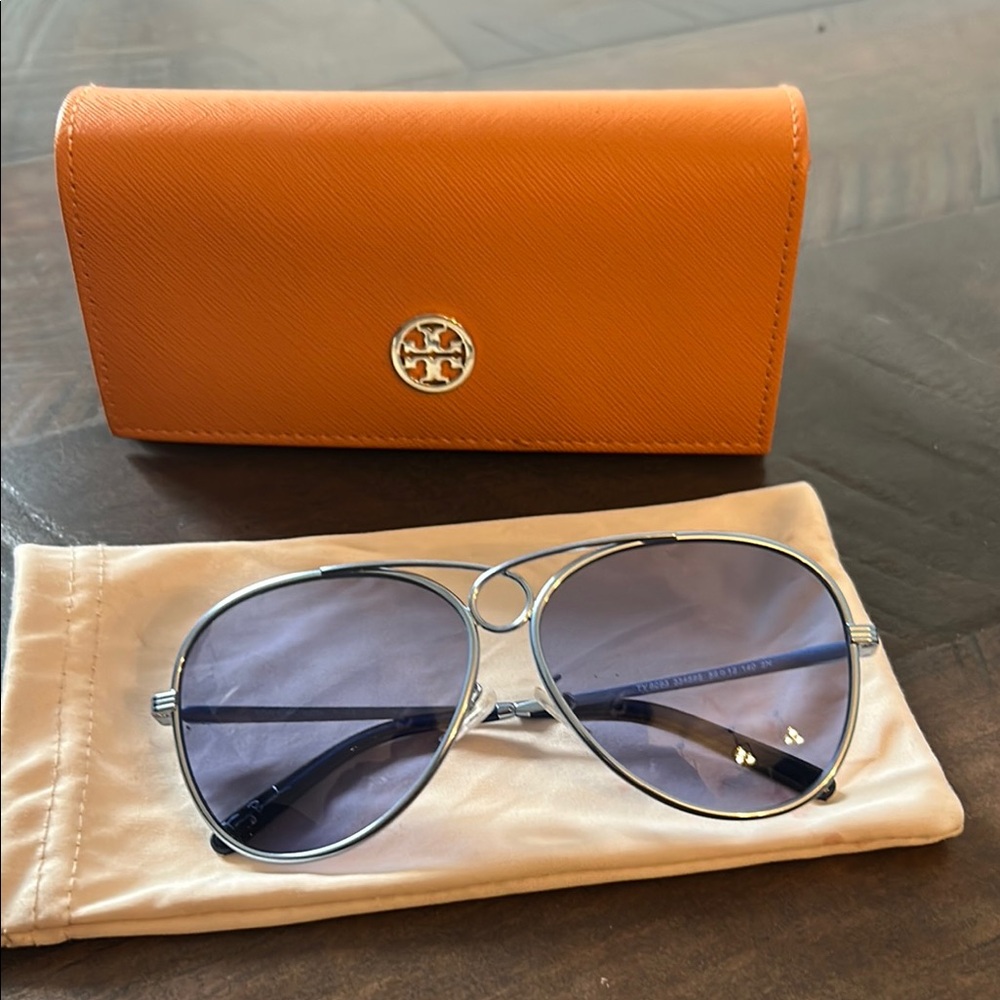 Tory Burch GLORIA PILOT SUNGLASSES Silver Blue aviators